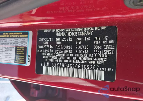 2012 Hyundai Santa Fe Se from USA, damaged, VIN 5XYZHDAG1CG109262